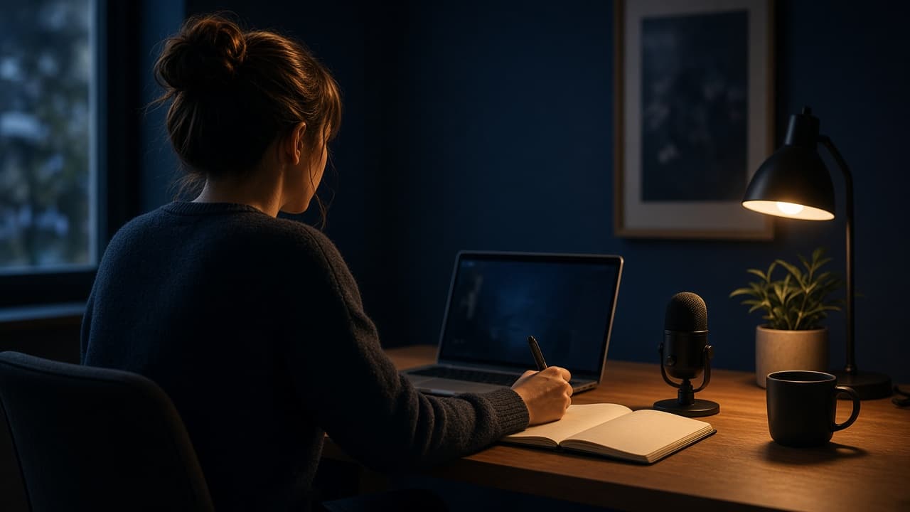 Un créateur travaille sur un ordinateur, micro et carnet sur le bureau
